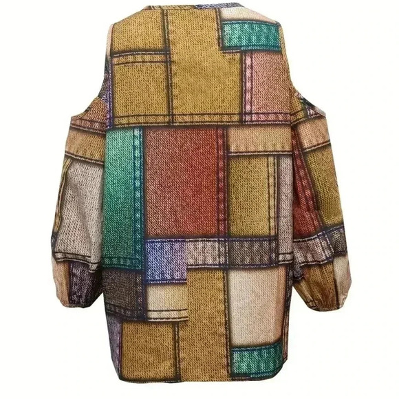 Patchwork Pattern Cold Shoulder Half Zip Blouse (Color: Multicolor) - Picture 3 of 4